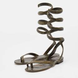 Bottega Veneta Green Python Embossed Leather Ankle Strap Sandals 37
