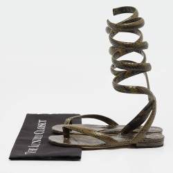 Bottega Veneta Green Python Embossed Leather Ankle Strap Sandals 37