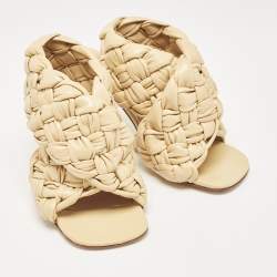 Bottega Veneta Beige Woven Leather Intrecciato Ankle Strap Sandals Size 37.5