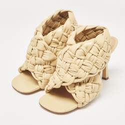 Bottega Veneta Beige Woven Leather Intrecciato Ankle Strap Sandals Size 37.5