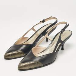 Pre Owned Bottega Veneta Black/Metallic Leather Slingback Pumps Size 38.5