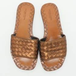 Bottega Veneta Gold Intrecciato Leather Flat Slides Size 37