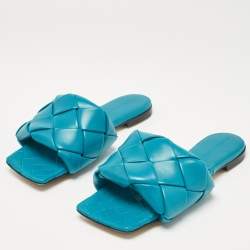 مملوكة مسبقًا Bottega Veneta Blue Woven Leather Lido Slide Flats Size 35.5