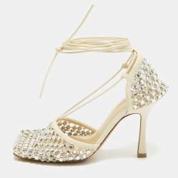 Bottega Veneta Cream Crystal Embellished Mesh Stretch Ankle Tie Pumps Size 37