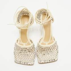 Bottega Veneta Cream Crystal Embellished Mesh Stretch Ankle Tie Pumps Size 37