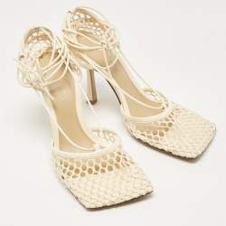 مملوكة مسبقًا Bottega Veneta Cream Leather and Mesh Stretch Ankle Strap Sandals Size 37.5