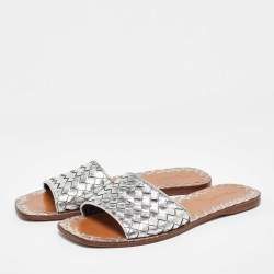 Bottega Veneta Silver Intrecciato Leather Flat Slides Size 39