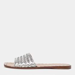 Bottega Veneta Silver Intrecciato Leather Flat Slides Size 39