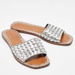 Bottega Veneta Silver Intrecciato Leather Flat Slides Size 39