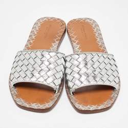 Bottega Veneta Silver Intrecciato Leather Flat Slides Size 39