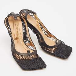 Pre Owned Bottega Veneta Black Mesh and Leather Chain Detail Square Toe Pumps Size 37