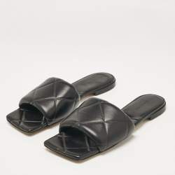 Pre Owned Bottega Veneta Black Leather Lido Flat Slides Size 40