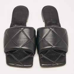 Pre Owned Bottega Veneta Black Leather Lido Flat Slides Size 40