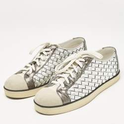 Bottega Veneta Silver Leather and Suede Intrecciato Lace Up Sneakers Size 38