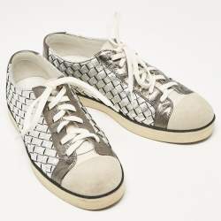 Bottega Veneta Silver Leather and Suede Intrecciato Lace Up Sneakers Size 38