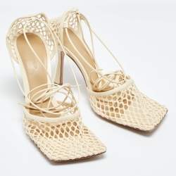 Bottega Veneta Cream Leather and Stretch Mesh Wrap Around Pumps Size 41