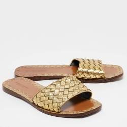 Bottega Veneta Gold Leather Intrecciato Flat Slides Size 36.5