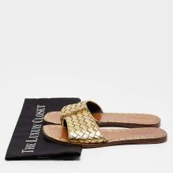 Bottega Veneta Gold Leather Intrecciato Flat Slides Size 36.5