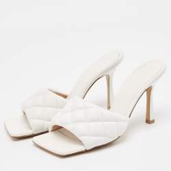 Pre Owned Bottega Veneta White Leather Lido Slide Sandals Size 38.5