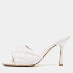 Pre Owned Bottega Veneta White Leather Lido Slide Sandals Size 38.5
