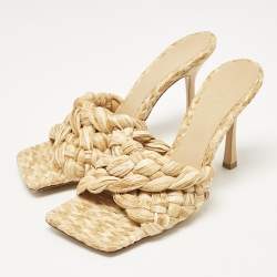 Pre Owned Bottega Veneta Beige Woven Raffia Lido Slide Sandals Size 39