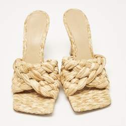 Pre Owned Bottega Veneta Beige Woven Raffia Lido Slide Sandals Size 39
