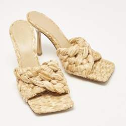 Pre Owned Bottega Veneta Beige Woven Raffia Lido Slide Sandals Size 39
