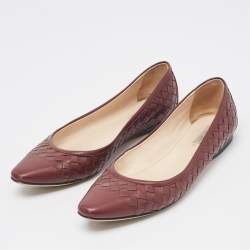 Pre Owned Bottega Veneta Burgundy Intrecciato Leather Ballet Flats Size 37