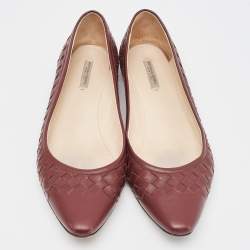 Pre Owned Bottega Veneta Burgundy Intrecciato Leather Ballet Flats Size 37