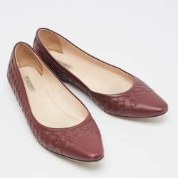 Pre Owned Bottega Veneta Burgundy Intrecciato Leather Ballet Flats Size 37