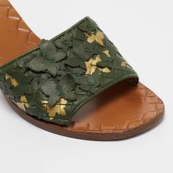Pre Owned Bottega Veneta Green Intrecciato Leather Butterfly Applique Ravello Sandals Size 38