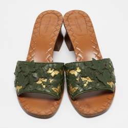 Pre Owned Bottega Veneta Green Intrecciato Leather Butterfly Applique Ravello Sandals Size 38