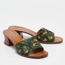 Pre Owned Bottega Veneta Green Intrecciato Leather Butterfly Applique Ravello Sandals Size 38