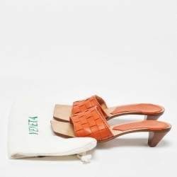 Pre Owned Bottega Veneta Orange Intrecciato Leather Square Toe Slide Sandals Size 39