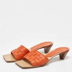 Pre Owned Bottega Veneta Orange Intrecciato Leather Square Toe Slide Sandals Size 39