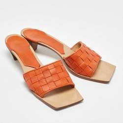 Pre Owned Bottega Veneta Orange Intrecciato Leather Square Toe Slide Sandals Size 39