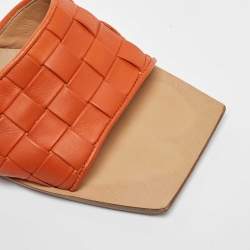 Pre Owned Bottega Veneta Orange Intrecciato Leather Square Toe Slide Sandals Size 39