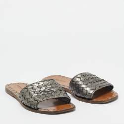 Bottega Veneta Metallic Grey Intrecciato Leather Slide Flat Sandals Size 37