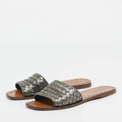 Bottega Veneta Metallic Grey Intrecciato Leather Slide Flat Sandals Size 37