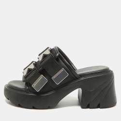 Pre Owned Bottega Veneta Black Leather and Nylon Flash Bomber Slide Sandals Size 38