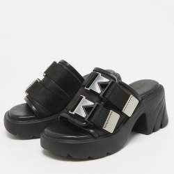 Pre Owned Bottega Veneta Black Leather and Nylon Flash Bomber Slide Sandals Size 38