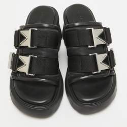 Pre Owned Bottega Veneta Black Leather and Nylon Flash Bomber Slide Sandals Size 38