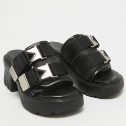 Pre Owned Bottega Veneta Black Leather and Nylon Flash Bomber Slide Sandals Size 38