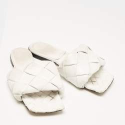 Bottega Veneta White Woven Leather Lido Flat Slides Size 37.5