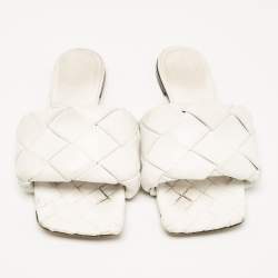 Bottega Veneta White Woven Leather Lido Flat Slides Size 37.5
