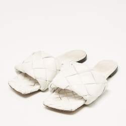 Bottega Veneta White Woven Leather Lido Flat Slides Size 37.5