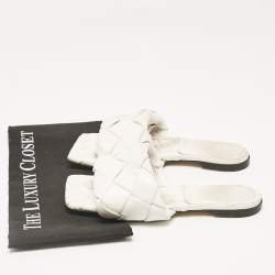 Bottega Veneta White Woven Leather Lido Flat Slides Size 37.5