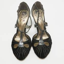 Pre Owned Bottega Veneta Black Leather and Velvet Mary Jane Pumps Size 39