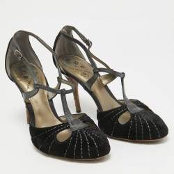 Pre Owned Bottega Veneta Black Leather and Velvet Mary Jane Pumps Size 39