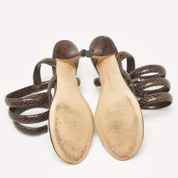 Pre Owned Bottega Veneta Brown Python Embossed Leather Ankle Strap Sandals Size 37